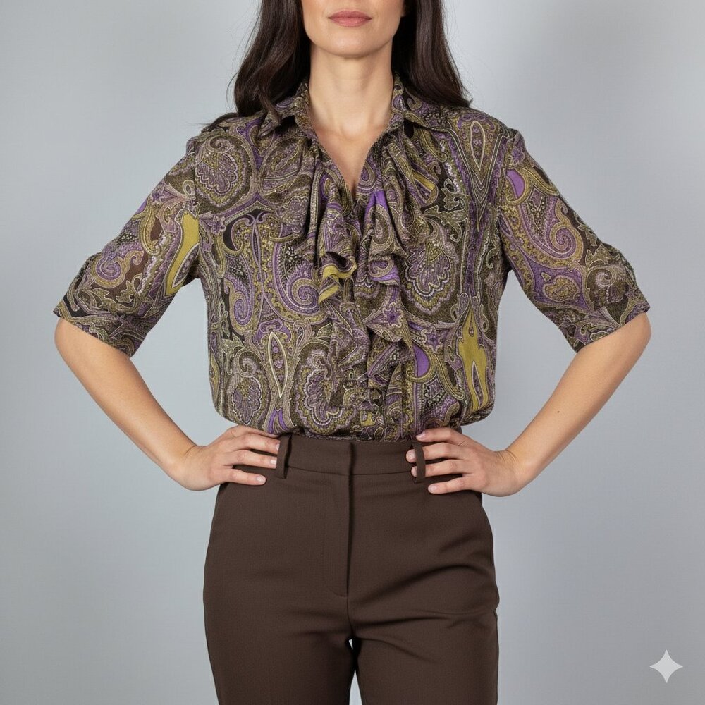 100% Silk Jones New York Collection Silk Paisley Ruffle Short Sleeve Size 12